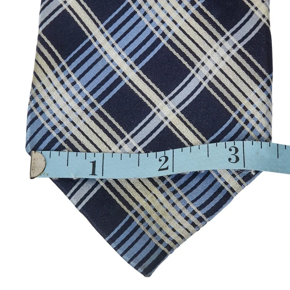Sean John Men's 100% Silk Necktie Designer Plaid Navy/Light Blue/Silver‎ EUC